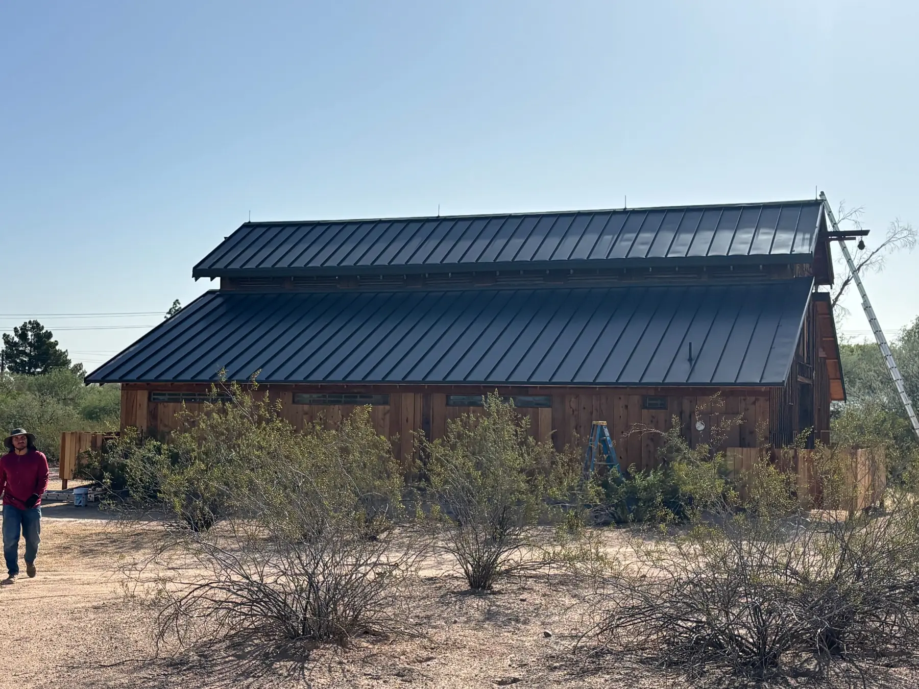 Completed lightning protection system with air terminals on a Scottsdale Arizona horse barn metal roof